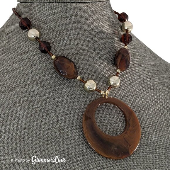 Boho Brown & Gold Tone Beaded Donut Pendant Necklace - Picture 2 of 7